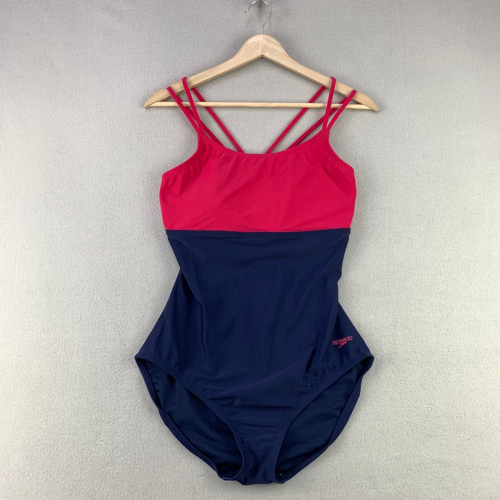 Speedo One Piece Swimsuit Womens Large Navy Pink Colorblock Performance Swimwear